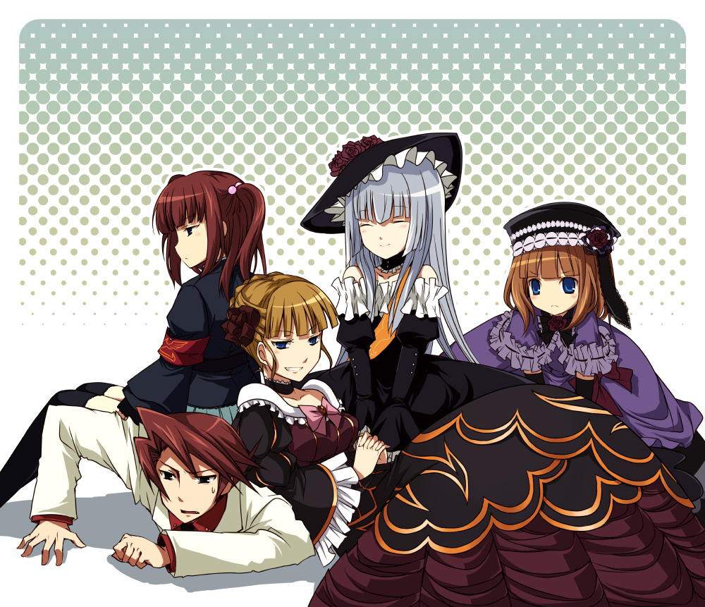 suzushiro kurumi, beatrice (umineko), eva beatrice, ushiromiya ange, ushiromiya battler, virgilia (umineko), umineko no naku koro ni, silver hair, 00s, 1boy, 4girls, armband, black eyes, blonde hair, blue eyes, blunt bangs, bow, brother and sister, closed eyes, dress, frills, hair bobbles, hair ornament, hat, hime cut, human chair, human furniture, jacket, long hair, multiple girls, orange hair, red hair, short hair, siblings, sitting, sitting on person, skirt, thighhighs