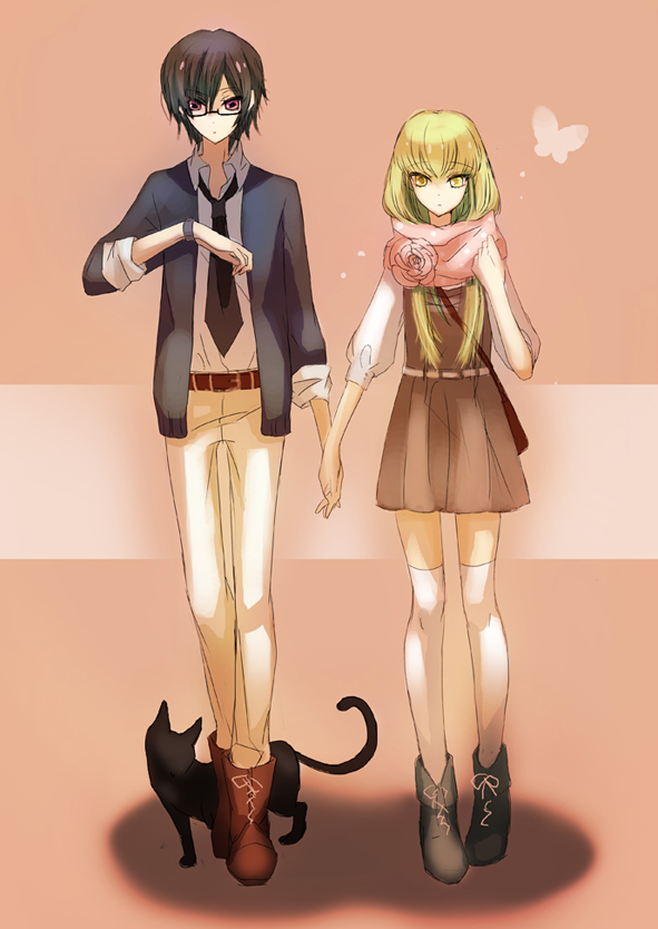shima (h8222-9902m), c.c., lelouch vi britannia, shima, code geass, bad id, bad pixiv id, 00s, 1boy, 1girl, bag, belt, bespectacled, black hair, bug, butterfly, cat, clock, couple, dress, enpera, glasses, green hair, hetero, holding hands, insect, long hair, necktie, purple eyes, scarf, short hair, thighhighs, watch, white thighhighs, wristwatch, yellow eyes