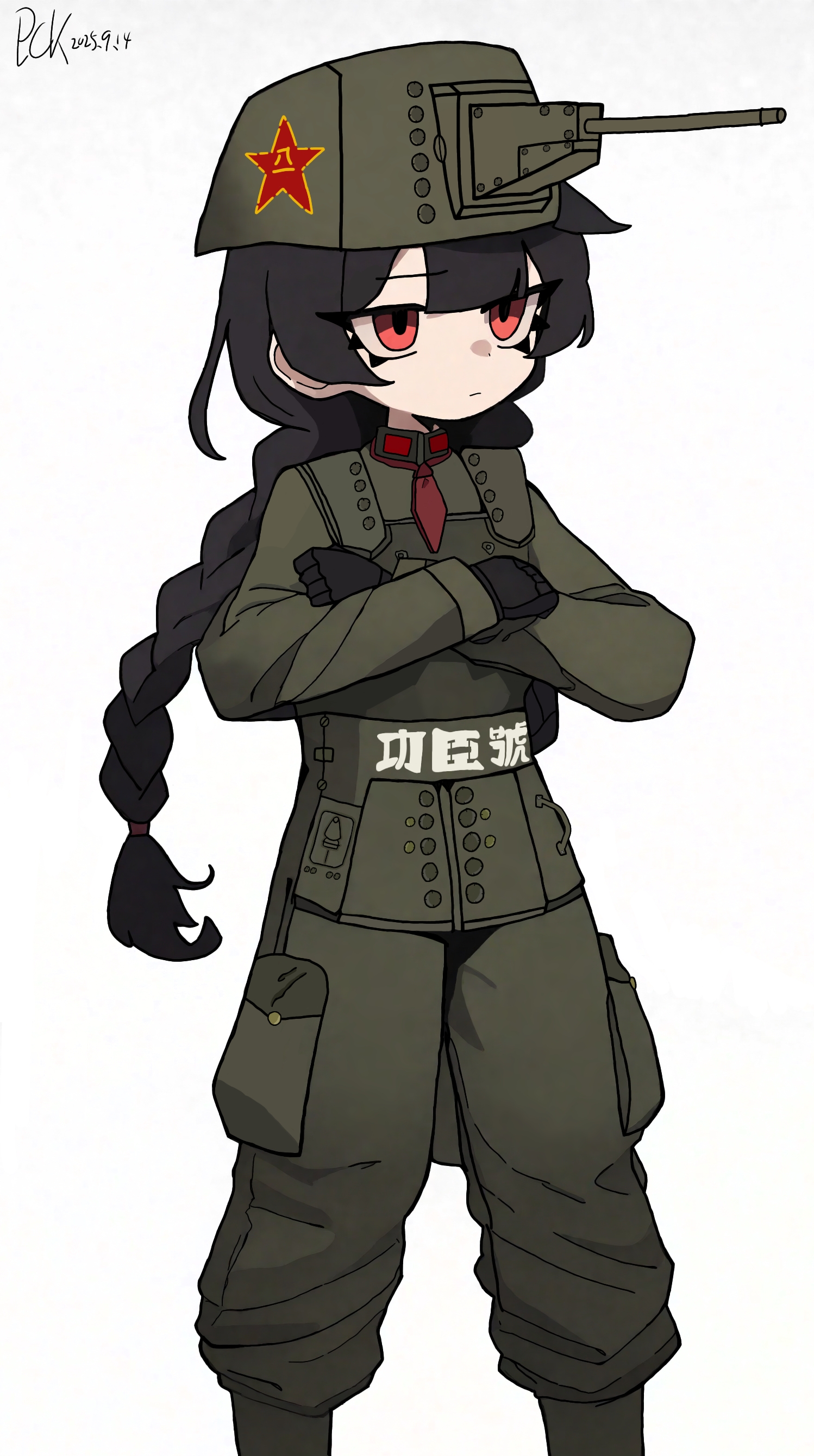 type 97 chi-ha, original, translation request, 1girl, black gloves, black hair, blunt bangs, braid, china, chinese text, collar tabs, crossed arms, dated, gloves, green jacket, green pants, jacket, long hair, military uniform, military vehicle, motor vehicle, neckerchief, pants, pckcool, people's liberation army, people's liberation army ground force, personification, red eyes, red neckerchief, red star, sidelocks, signature, star (symbol), tank, tank turret, white background