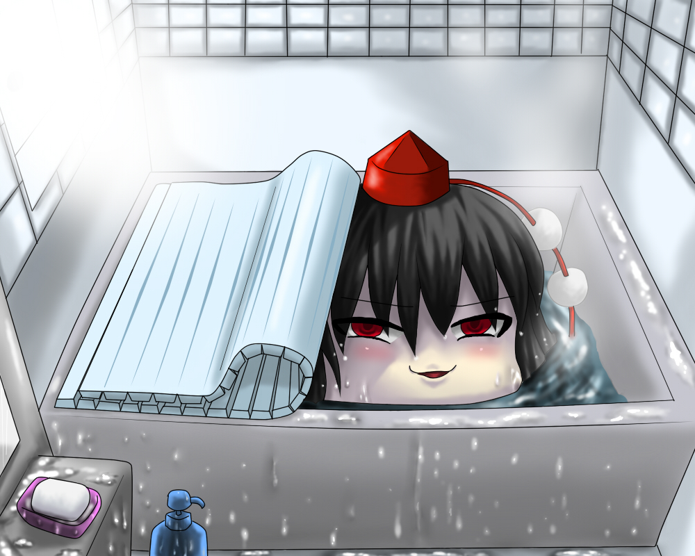 aoi tenkuu, aosora (mizore), kimeemaru, shameimaru aya, touhou, bad id, bad pixiv id, bathtub, creepy, female focus, hat, horror (theme), no humans, red eyes, solo, you gonna get raped, yukkuri shiteitte ne