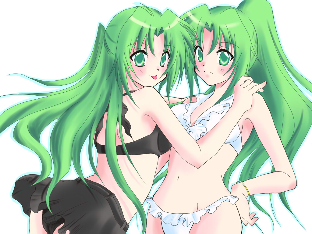 yukihana24, sonozaki mion, sonozaki shion, higurashi no naku koro ni, bad id, bad pixiv id, 00s, 2girls, ass, bikini, green eyes, green hair, half updo, long hair, multiple girls, siblings, sisters, swimsuit, tongue, twins