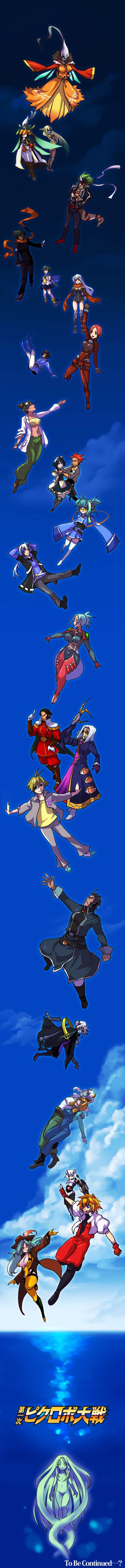 tamachi kuwa, gundam, gundam seed, gundam seed destiny, pixiv robot wars, absurdres, highres, long image, tall image, 00s, 6+boys, 6+girls, bandeau, blue skin, bodysuit, colored skin, everyone, falling, glasses, maid, monster girl, multiple boys, multiple girls, scarf, school uniform, serafuku, strapless, thighhighs, tube top
