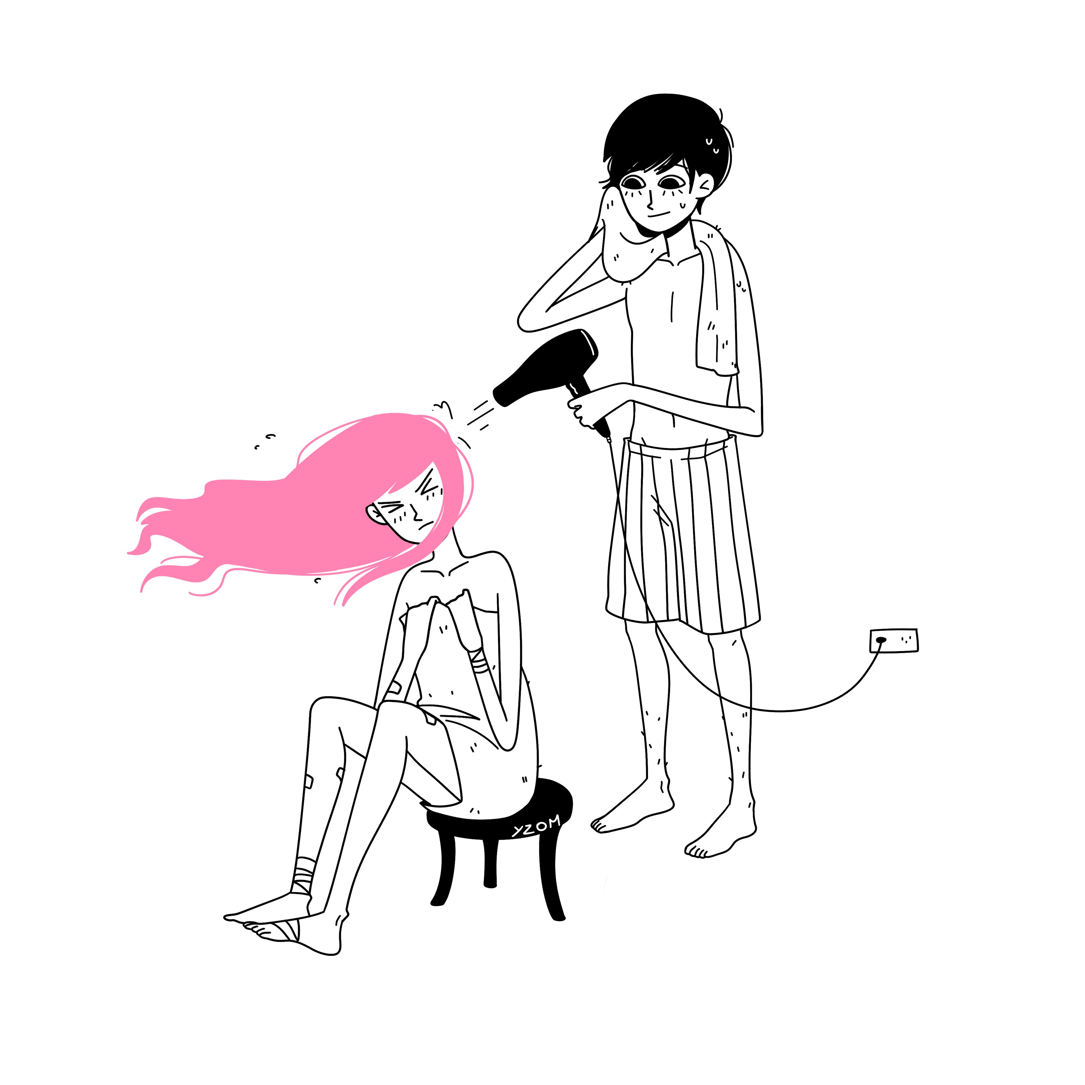 aubrey (omori), omori, absurdres, highres, 1boy, 1girl, black eyes, black hair, blush, long hair, omoriboy, pink hair, short hair, sweat, towel, yzomiris