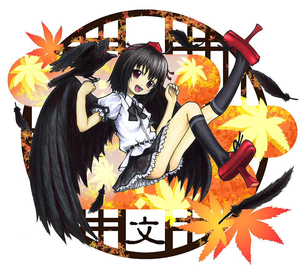 gotou hisashi, shameimaru aya, touhou, bad id, bad pixiv id, 1girl, bird, bird on hand, black wings, crow, female focus, geta, gkd (pixiv), hat, leaf, looking at viewer, open mouth, panties, pantyshot, solo, tengu-geta, underwear, wings
