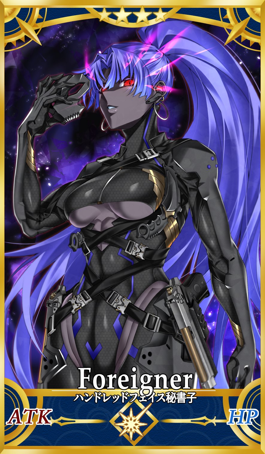 shin (ultramarine430), assassin (fate/zero), female assassin (fate/zero), fate/zero, fate (series), highres, 1girl, bodysuit, breasts, card (medium), card parody, colored skin, dark-skinned female, dark skin, grey skin, long hair, mask, ponytail, purple hair, red eyes, servant card (fate/grand order), skull mask, underboob, unworn mask, very dark skin