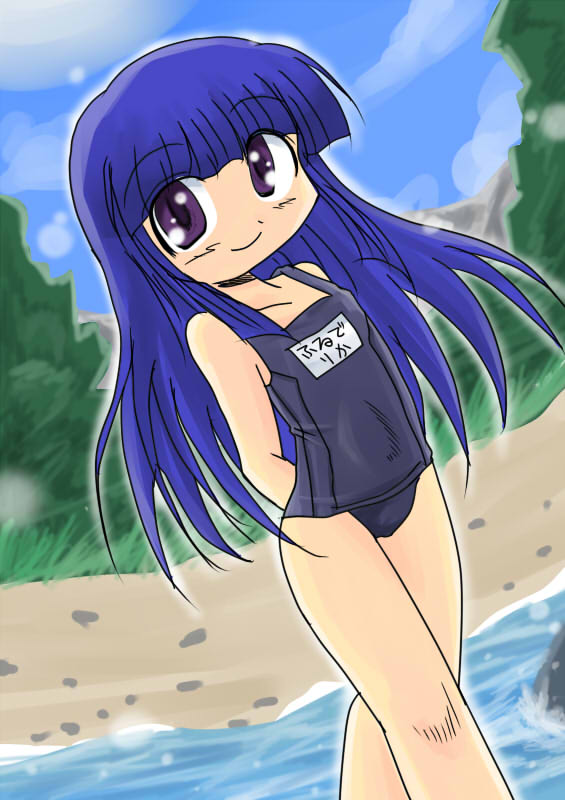 marinba, furude rika, higurashi no naku koro ni, 00s, 1girl, arms behind back, barefoot, beach, blue hair, blue one-piece swimsuit, blue school swimsuit, blush, cloud, day, female focus, grass, long hair, name tag, ocean, one-piece swimsuit, purple eyes, sand, school swimsuit, sky, smile, solo, standing, swimsuit, water