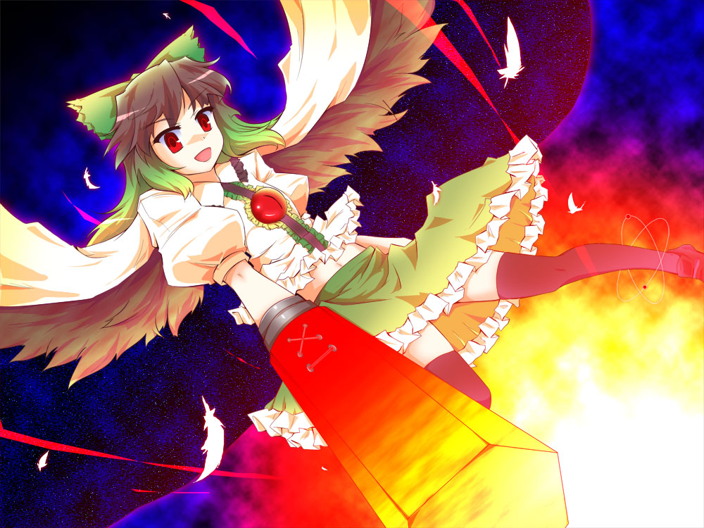 nanamomo rio, nanamomorio, reiuji utsuho, touhou, light, 1girl, arm cannon, black hair, black thighhighs, black wings, feathered wings, feathers, female focus, firing, glowing, green skirt, long hair, looking at viewer, red eyes, skirt, solo, thighhighs, very long hair, weapon, wings, zettai ryouiki