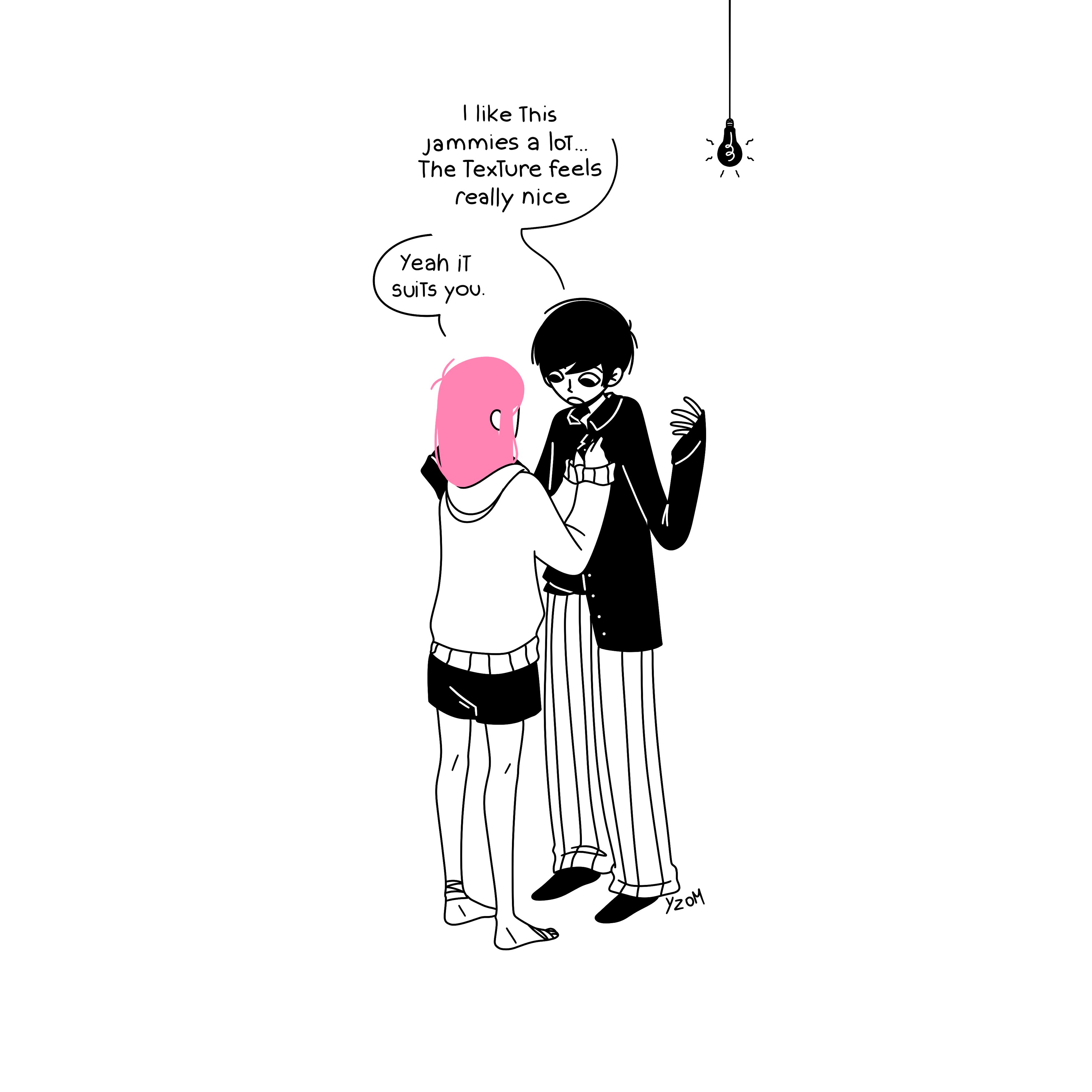 aubrey (omori), omori, absurdres, highres, 1boy, 1girl, black eyes, black hair, blush, english text, hood, hoodie, long hair, omoriboy, pink hair, short hair, yzomiris