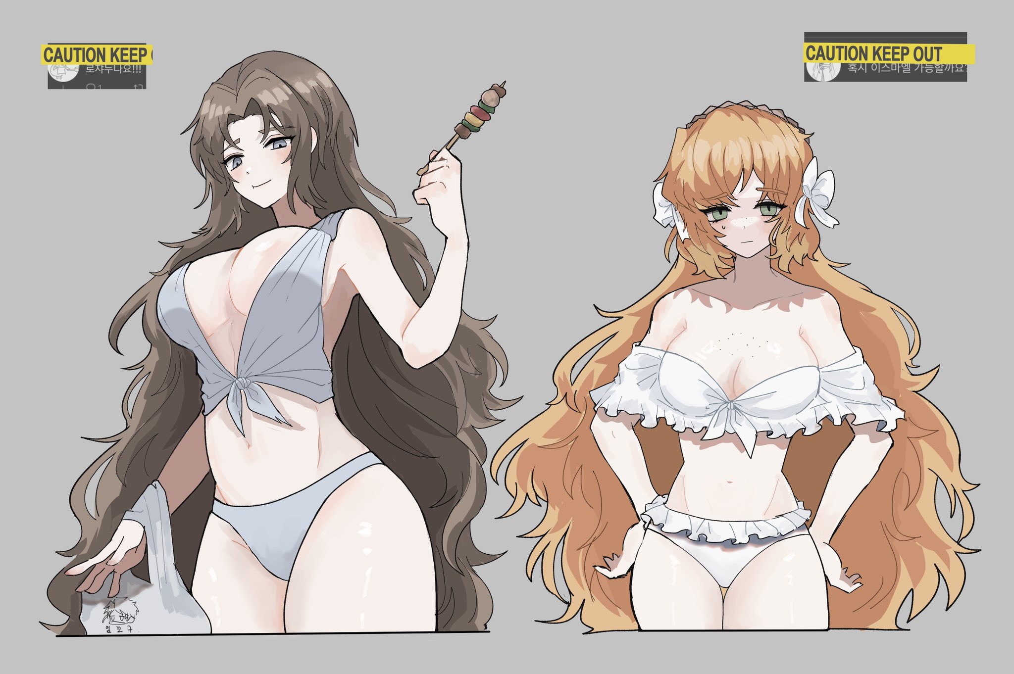 ishmael (project moon), rodion (project moon), limbus company, project moon, highres, 2girls, armpit crease, armpits, bag, bikini, body freckles, breast freckles, breasts, chest freckles, cleavage, eating, food, freckles, frilled bikini, frills, front-tie bikini top, front-tie top, green eyes, grey background, grey bikini, grey eyes, headband, holding, holding food, holding skewer, hubestjoa, knees out of frame, korean text, large breasts, long hair, looking at viewer, looking down, medium breasts, multiple girls, orange hair, skewer, swimsuit, tall female, thighs, very long hair