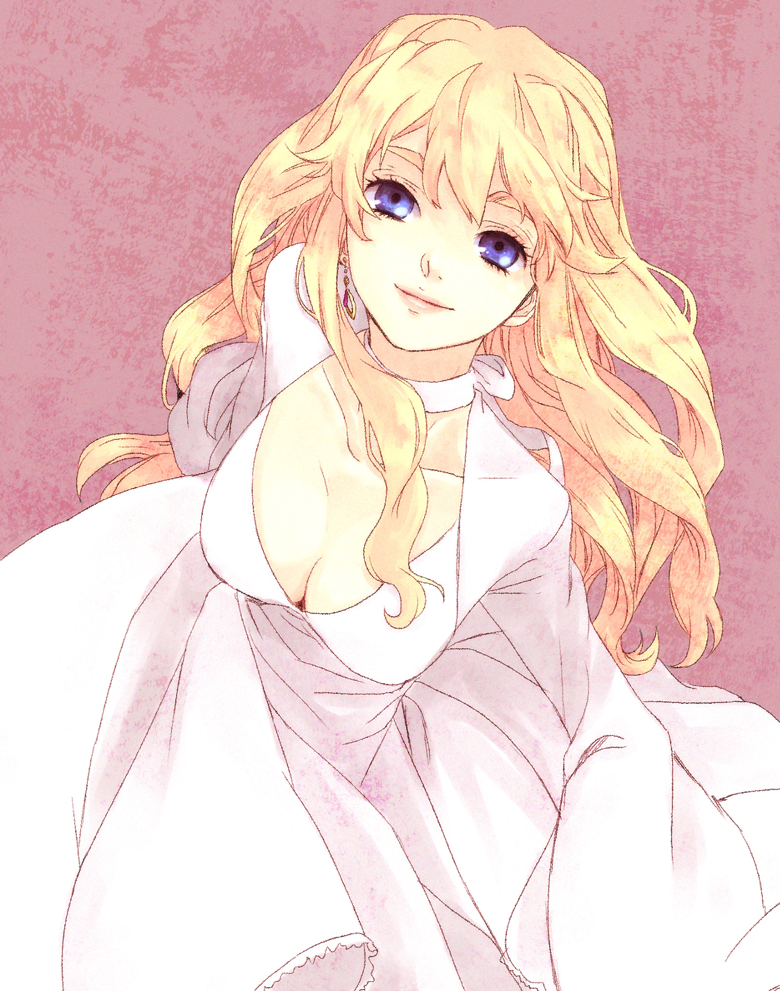akieru nomaki, sheryl nome, macross, macross frontier, highres, 00s, blonde hair, blue eyes, dress, earrings, jewelry, long hair, smile, solo