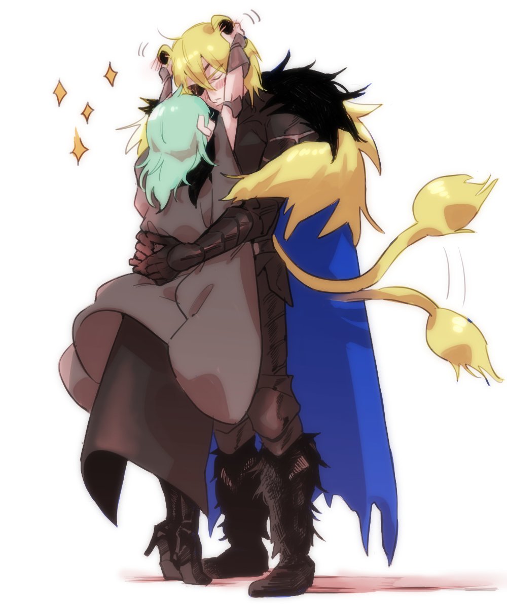 rimo67200894, dimitri alexandre blaiddyd, dimitri alexandre blaiddyd (timeskip), female byleth (enlightened) (fire emblem), female byleth (fire emblem), fire emblem, fire emblem: three houses, nintendo, highres, 1boy, 1girl, alternate hair color, animal ears, armor, black armor, black cape, black gloves, blonde hair, blue cape, blush, cape, closed eyes, closed mouth, dimitri alexandre blaiddyd (blue lion), dimitri alexandre blaiddyd (shadows), eyepatch, fire emblem shadows, fur-trimmed cape, fur trim, gloves, green hair, hug, lace pantyhose, lion boy, lion ears, lion tail, long hair, pantyhose, pantyhose under shorts, patterned legwear, rubbing ears, shorts, simple background, star (symbol), tail, tail wagging, tiptoes, vambraces, white background