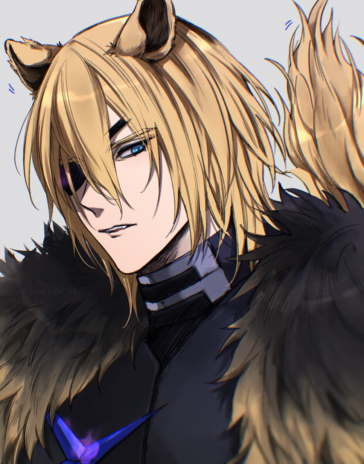 mokichi xx, dimitri alexandre blaiddyd, dimitri alexandre blaiddyd (timeskip), fire emblem, fire emblem: three houses, nintendo, highres, 1boy, animal ears, armor, black armor, blonde hair, blue eyes, cape, dimitri alexandre blaiddyd (blue lion), dimitri alexandre blaiddyd (shadows), eyepatch, fire emblem shadows, fur-trimmed cape, fur trim, lion boy, lion ears, lion tail, looking at viewer, male focus, parted lips, simple background, tail, upper body