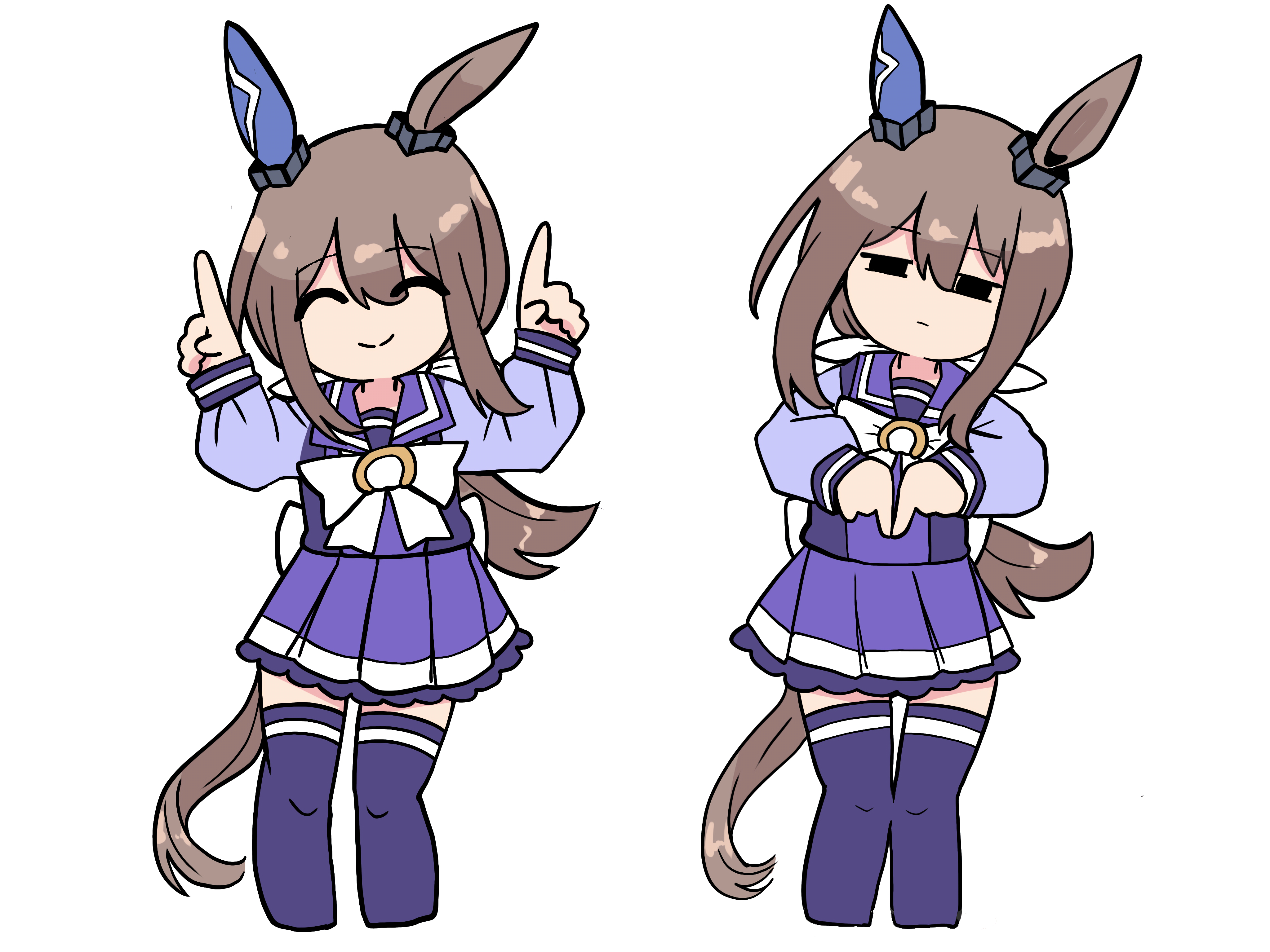 kawamochi (tddm3573), admire vega (umamusume), umamusume, absurdres, highres, 1girl, ^ ^, animal ears, bow, brown hair, closed eyes, closed mouth, hair between eyes, hair ribbon, half-closed eyes, horse ears, horse girl, horse tail, long hair, long sleeves, low ponytail, multiple views, no shoes, pleated skirt, ponytail, puffy long sleeves, puffy sleeves, purple shirt, purple skirt, purple thighhighs, ribbon, shirt, simple background, skirt, smile, standing, tail, thighhighs, very long hair, white background, white bow, white ribbon