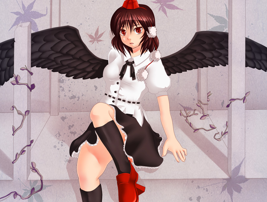 kurone, shameimaru aya, touhou, 1girl, black hair, black wings, female focus, geta, hat, looking at viewer, short hair, sitting, skirt, solo, tengu-geta, wings