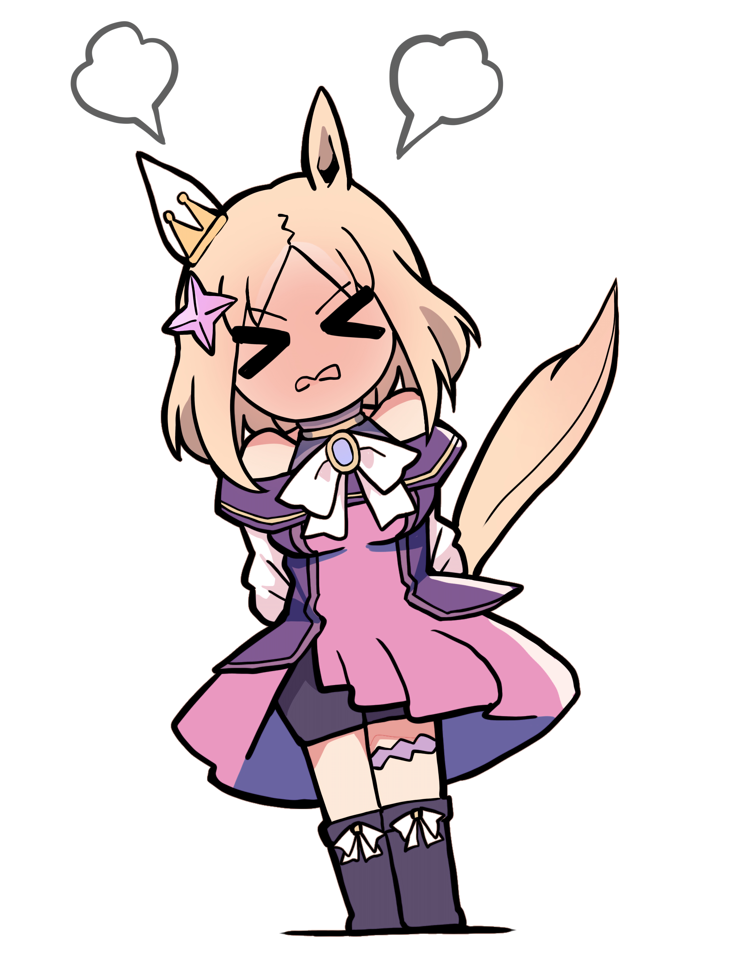 kawamochi (tddm3573), narita top road (umamusume), umamusume, absurdres, highres, > <, 1girl, animal ears, bare shoulders, black boots, black shorts, blush, boots, bow, breasts, brooch, brown hair, chibi, closed eyes, dress, fold-over boots, full-face blush, horse ears, horse girl, horse tail, jewelry, leaning to the side, medium breasts, off-shoulder dress, off shoulder, parted bangs, parted lips, pink dress, shadow, shorts, simple background, solo, standing, tail, v-shaped eyebrows, wavy mouth, white background, white bow