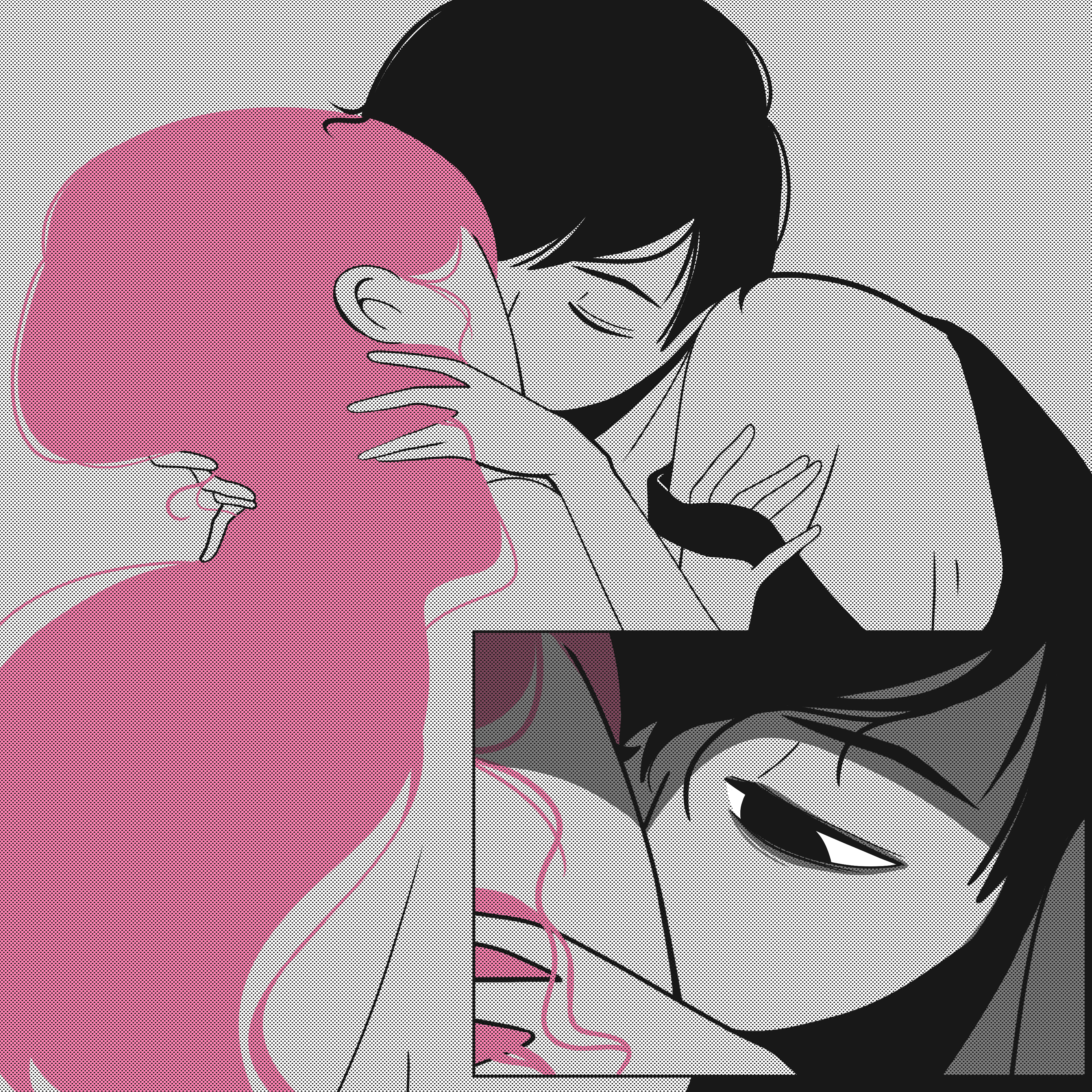 aubrey (omori), omori, absurdres, highres, 1boy, 1girl, baby, black eyes, black hair, blush, dress, kiss, long hair, omoriboy, pink hair, short hair, yzomiris