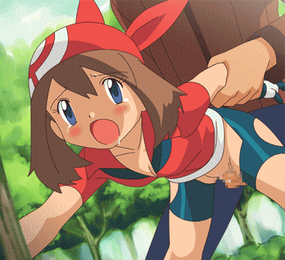 may (pokemon), nintendo, pokemon, arm grab, animated, animated gif, lowres, 1boy, 1girl, blue eyes, brown hair, censored, doggystyle, hetero, no panties, rape, saliva, sex, sex from behind, shorts, skirt, tears, torn clothes, torn shorts, vaginal, white skirt