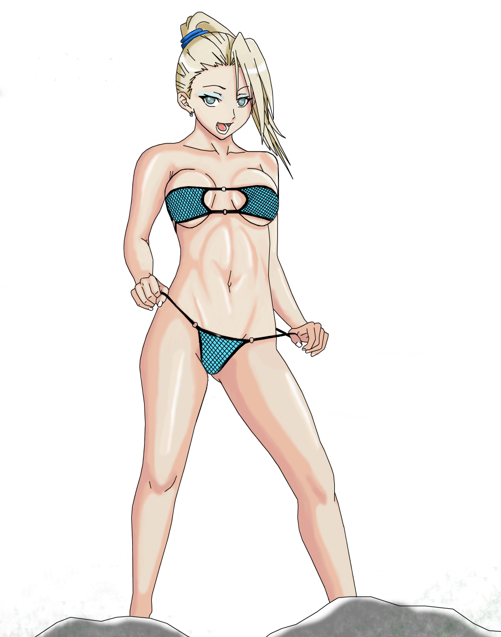 ssjdubby, yamanaka ino, naruto, highres, blonde hair, green eyes, open mouth, ponytail, short hair, solo, swimsuit