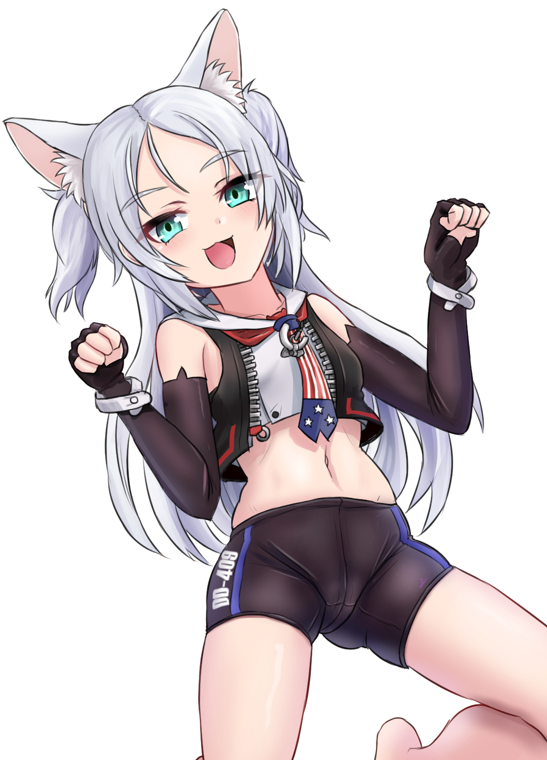 matsunaga maguro, sims (azur lane), azur lane, commentary request, highres, 1girl, :d, adapted costume, american flag neckwear, animal ears, ascot, bare shoulders, bike shorts, black gloves, black shorts, black vest, blue eyes, blush, breasts, brown vest, cat ears, cat girl, clenched hands, cropped shirt, cropped vest, elbow gloves, fingerless gloves, from below, gloves, green eyes, hands up, happy, kneeling, legs apart, long hair, looking at viewer, looking down, navel, open mouth, paw pose, short shorts, shorts, small breasts, smile, solo, stomach, thighs, unzipped, very long hair, vest, w arms, white hair