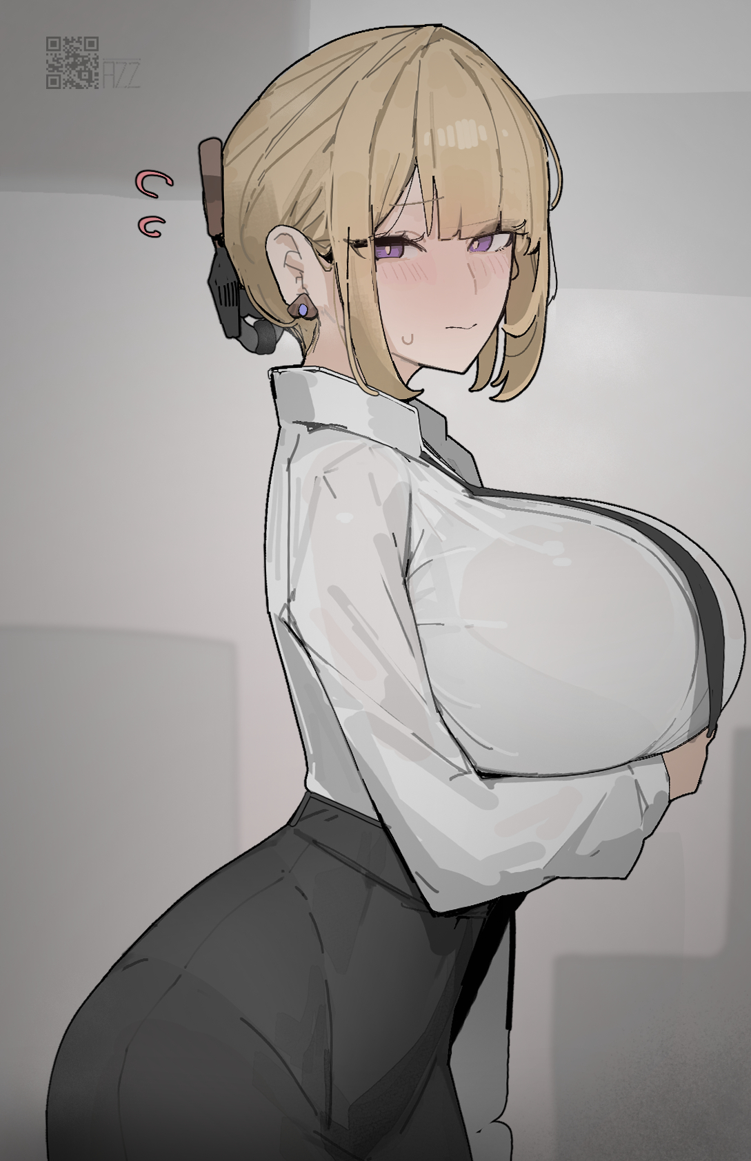 azz0422, evelyn chevalier, zenless zone zero, highres, 1girl, artist name, black necktie, black pants, blonde hair, blush, breasts, closed mouth, earrings, from side, grey background, hair ornament, hand on own chest, high-waist pants, huge breasts, jewelry, looking at viewer, necktie, pants, purple eyes, qr code, see-through clothes, shirt, solo, sweat, white shirt