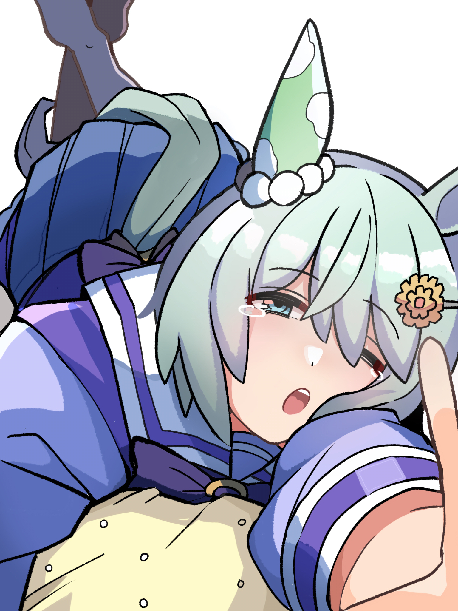 kawamochi (tddm3573), seiun sky (umamusume), umamusume, highres, 1girl, animal ears, blue eyes, blue skirt, blush, bow, clothing cutout, flower, grey hair, grey pantyhose, hair between eyes, hair flower, hair ornament, hairclip, horse ears, horse girl, horse tail, legs up, long sleeves, looking at viewer, lying, no shoes, on stomach, one eye closed, open mouth, pantyhose, pillow, pleated skirt, puffy long sleeves, puffy sleeves, purple bow, purple shirt, school uniform, shirt, skirt, solo, tail, tail through clothes, tears, tracen school uniform, yellow flower