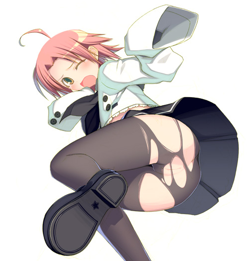 cruccu, kogami akira, lucky star, 00s, 1girl, ass, blush, female focus, from below, loli, long sleeves, no panties, oversized clothes, pantyhose, pink hair, pussy, school uniform, serafuku, short hair, solo, torn clothes, torn pantyhose, upskirt