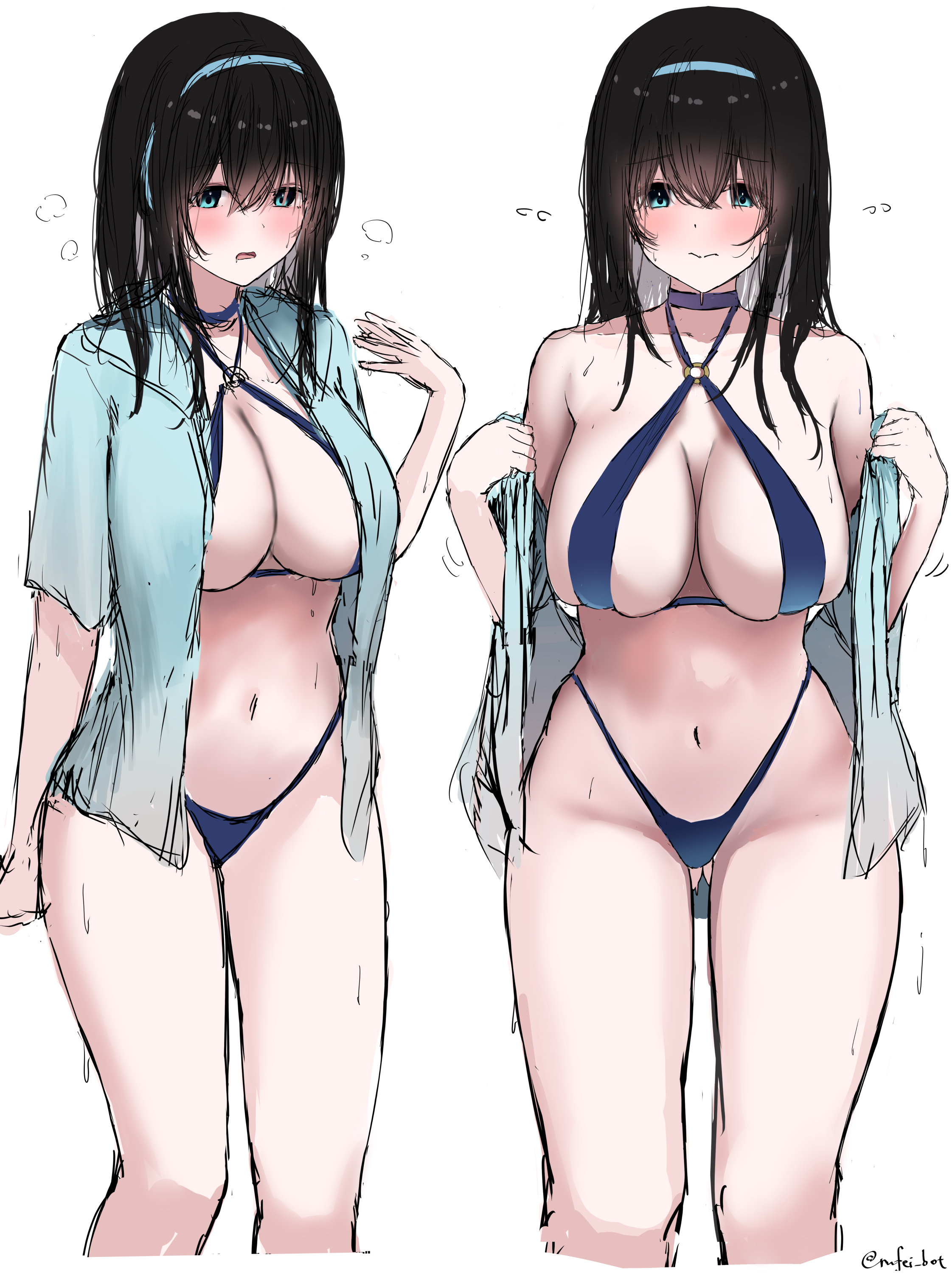 rufei bot, sagisawa fumika, idolmaster, idolmaster cinderella girls, absurdres, commentary request, highres, 1girl, bikini, black hair, blue bikini, blue eyes, blue shirt, blush, breasts, cleavage, closed mouth, collarbone, gluteal fold, hair between eyes, hairband, large breasts, long hair, looking at viewer, multiple views, navel, open mouth, shirt, short sleeves, sidelocks, simple background, standing, swimsuit, white background