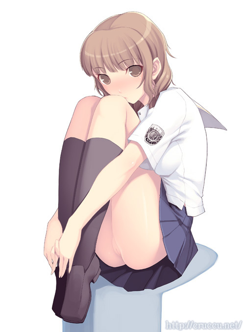 cruccu, mizusawa mao, kimi kiss, 1girl, ass, blush, brown hair, female focus, full body, kneehighs, no panties, pussy, school uniform, serafuku, shoes, skirt, socks, solo, uncensored, white background