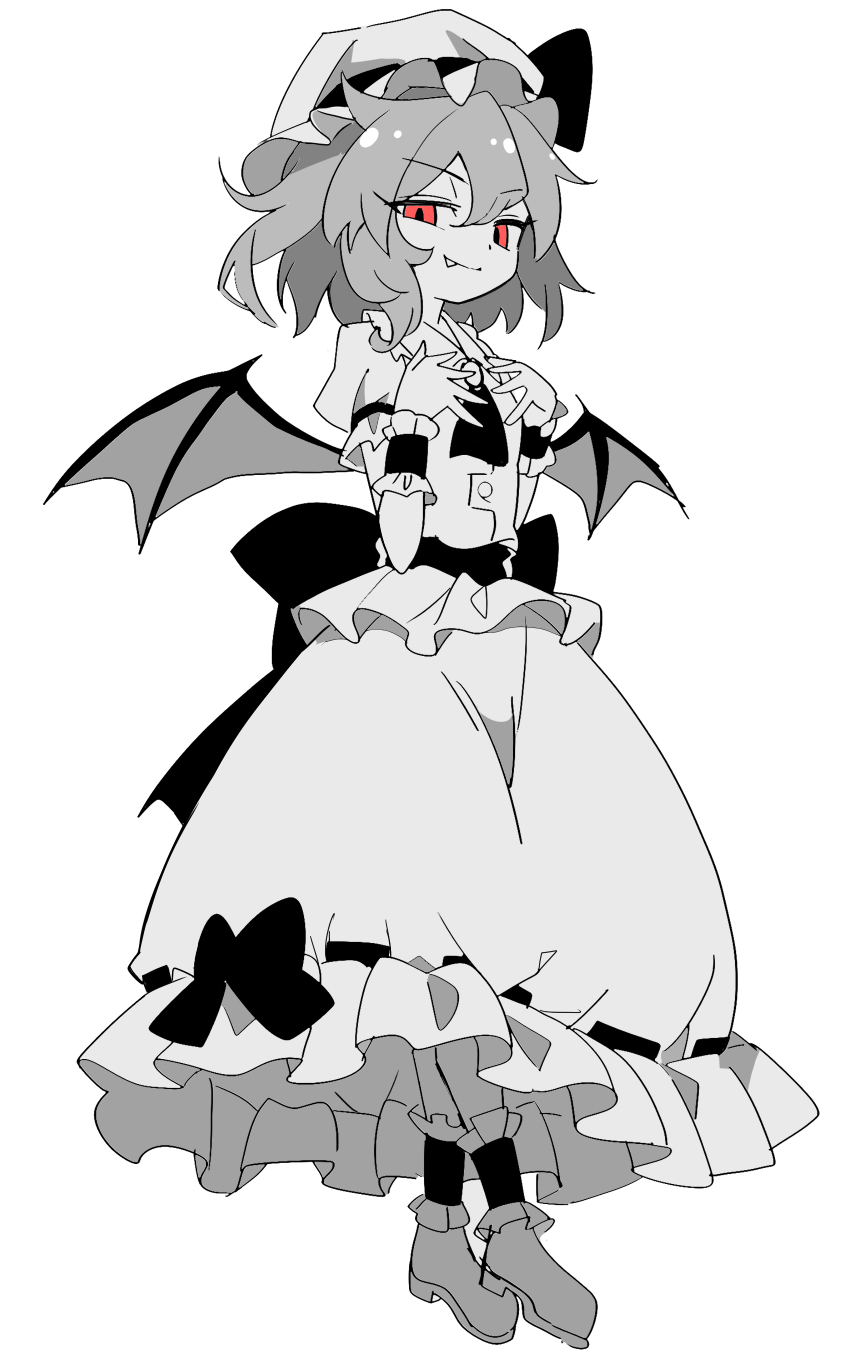 e.o., remilia scarlet, touhou, commentary request, highres, 1girl, ascot, bat wings, collared shirt, fang, frilled shirt collar, frills, full body, hair between eyes, hat, hat ribbon, looking at viewer, mob cap, puffy short sleeves, puffy sleeves, red eyes, ribbon, shirt, short hair, short sleeves, simple background, skirt, skirt set, smile, solo, white background, wings, wrist cuffs