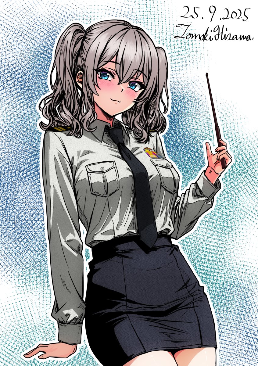 hisamatomoki, kashima (kancolle), japan maritime self-defense force, japan self-defense force, kantai collection, commentary request, highres, 1girl, alternate costume, artist name, black necktie, black skirt, blue eyes, blush, breasts, collared shirt, cowboy shot, dated, grey hair, holding, holding pointer, large breasts, long sleeves, looking at viewer, military, military dress uniform, military rank insignia, military uniform, naval dress uniform, naval uniform, necktie, one-hour drawing challenge, pointer, ribbon bar, shirt, shoulder boards, skirt, smile, solo, twintails, wavy hair, white shirt