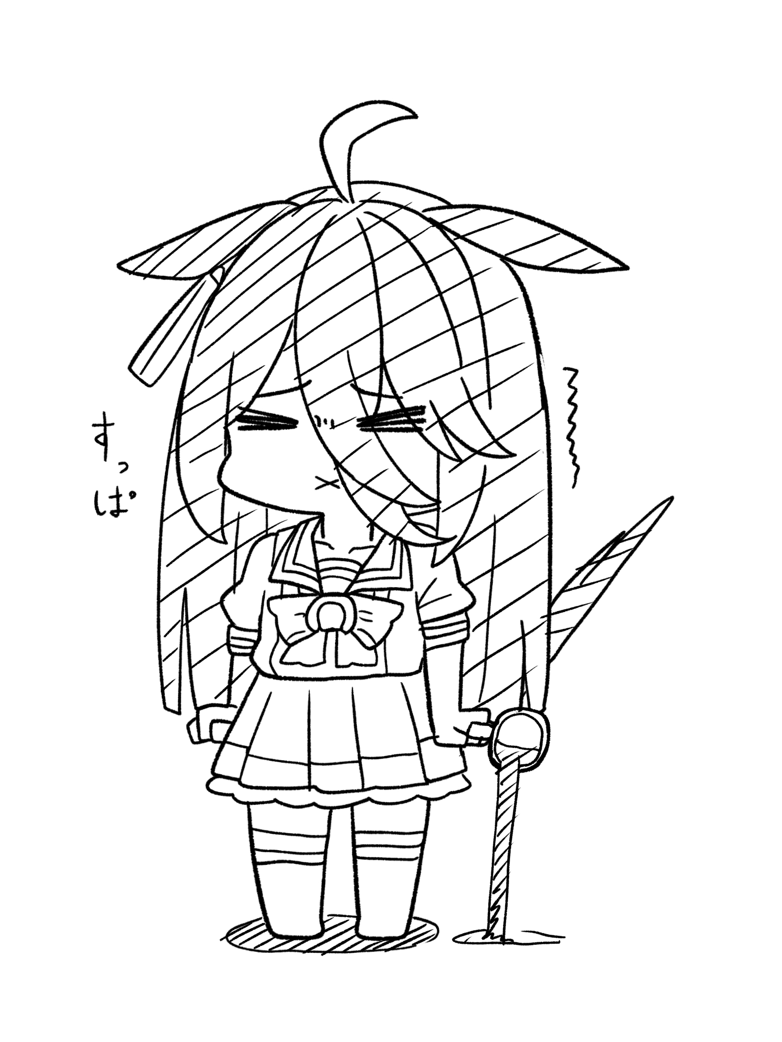 kawamochi (tddm3573), manhattan cafe (umamusume), umamusume, highres, translation request, > <, 1girl, ahoge, animal ears, chibi, closed eyes, closed mouth, cup, ears down, full body, greyscale, hair between eyes, holding, holding cup, horse ears, horse girl, horse tail, long hair, monochrome, mug, no shoes, pleated skirt, puffy short sleeves, puffy sleeves, school uniform, shadow, shirt, short sleeves, simple background, skirt, solo, spilling, standing, stiff tail, tail, thighhighs, tracen school uniform, trembling, very long hair, white background, x mouth