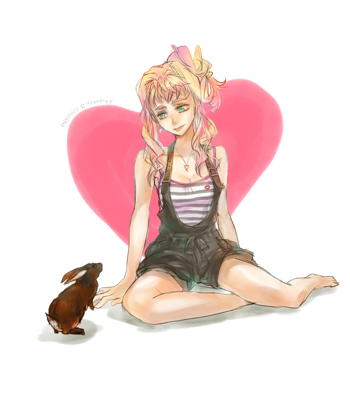 tonko, sheryl nome, macross, macross frontier, 00s, barefoot, blonde hair, earrings, heart, jewelry, long hair, rabbit, smile, solo
