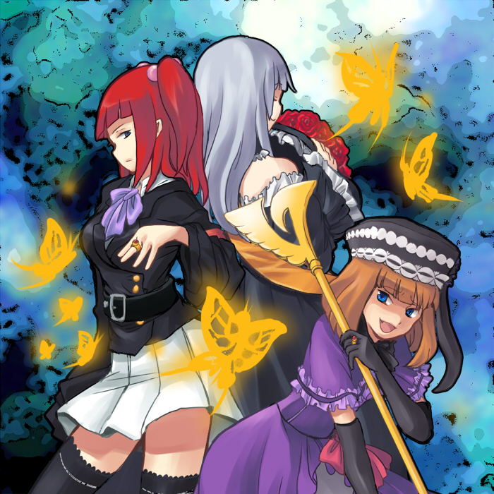 enari, eva beatrice, ushiromiya ange, virgilia (umineko), umineko no naku koro ni, silver hair, 00s, armband, blue eyes, blunt bangs, bow, bug, butterfly, dress, frills, hair bobbles, hair ornament, hat, insect, jacket, orange hair, red hair, skirt, thighhighs