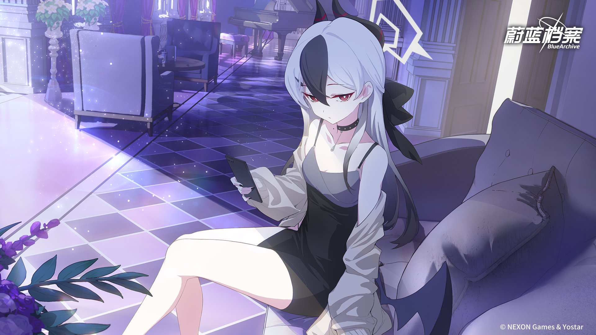 kayoko (blue archive), blue archive, official art, 1girl, black choker, black dress, cellphone, choker, couch, dress, expressionless, horns, phone, sitting, smartphone