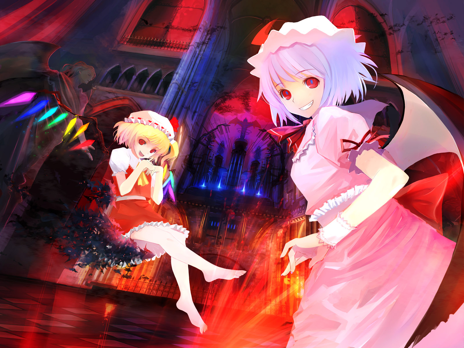 takashima, flandre scarlet, remilia scarlet, touhou, highres, 2girls, barefoot, bat (animal), blonde hair, blue hair, female focus, hat, mob cap, multiple girls, red eyes, short hair, siblings, sisters, sitting, skirt, wings