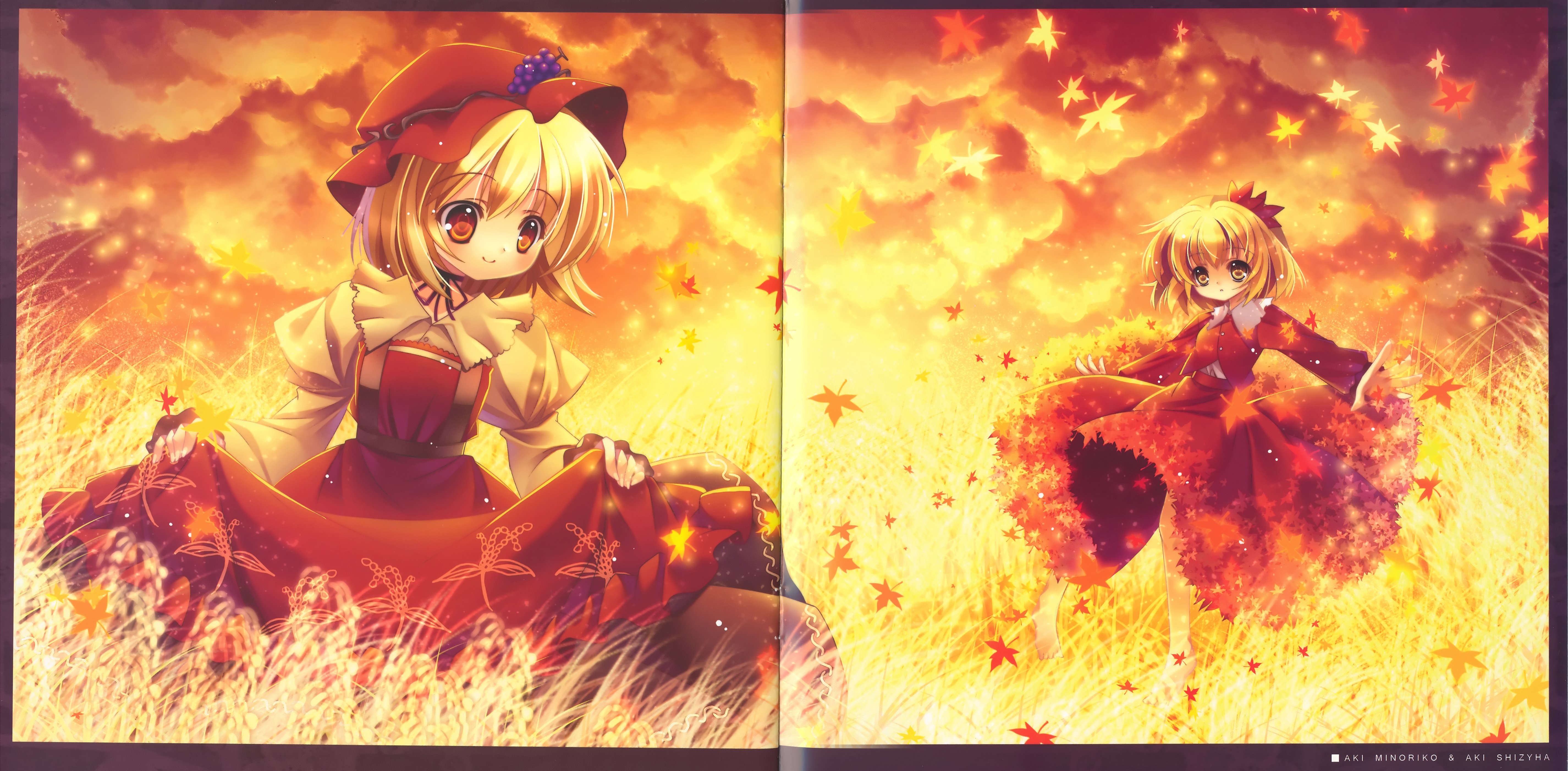 aki minoriko, aki shizuha, touhou, absurdres, highres, long image, wide image, 2girls, autumn, cloud, female focus, leaf, multiple girls, outdoors, plant, sky, standing
