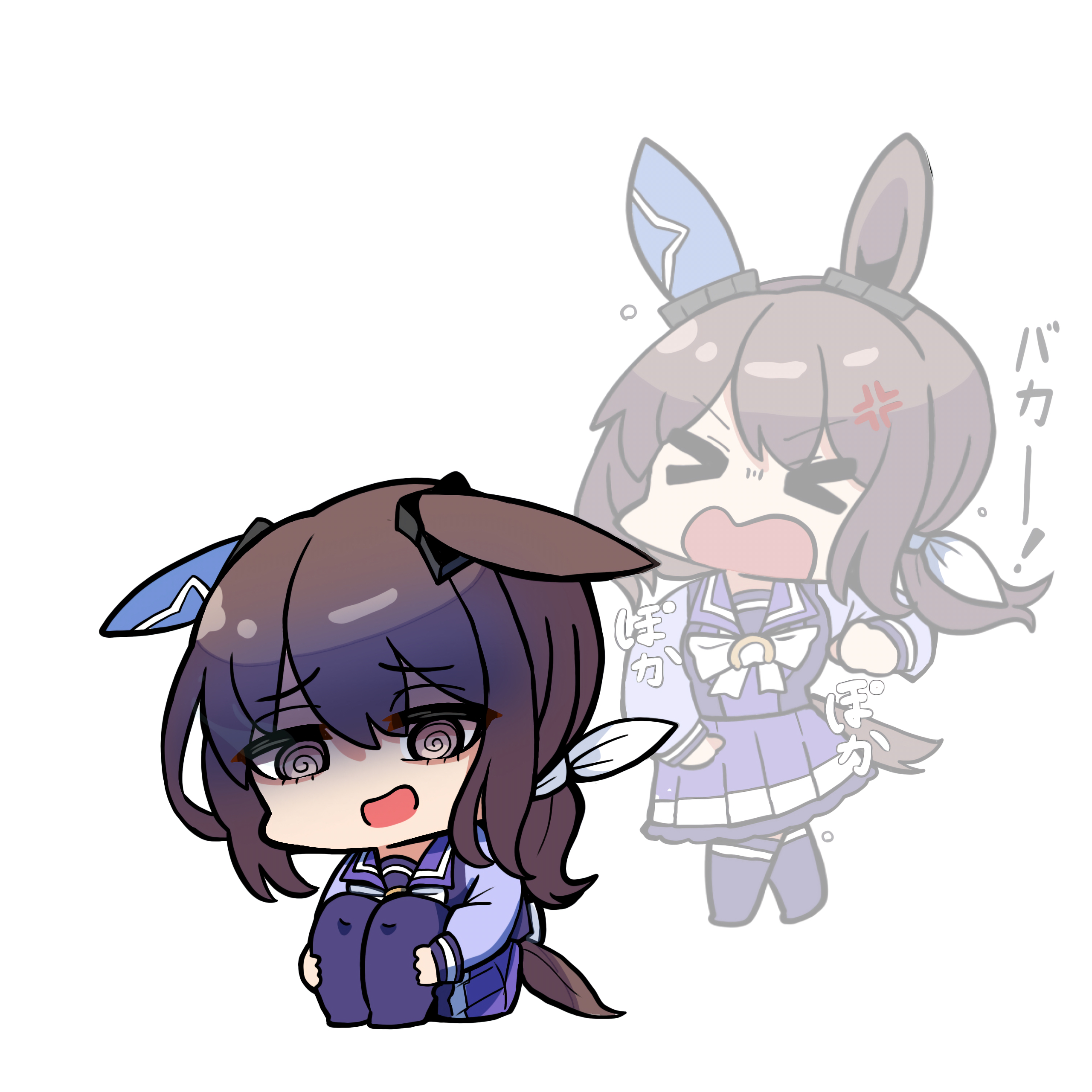 kawamochi (tddm3573), admire vega (umamusume), umamusume, absurdres, highres, translation request, > <, 1girl, @ @, anger vein, animal ears, brown eyes, brown hair, chibi, closed eyes, ears down, hair between eyes, hair ribbon, horse ears, horse girl, horse tail, hugging own legs, knees up, long sleeves, low ponytail, multiple views, no shoes, open mouth, pleated skirt, ponytail, puffy long sleeves, puffy sleeves, purple shirt, purple skirt, purple thighhighs, ribbon, school uniform, shirt, skirt, tail, thighhighs, tracen school uniform, wavy mouth, white ribbon