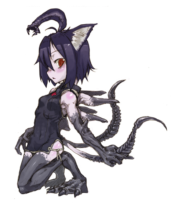 tagme, 1girl, animal ears, blush, china dress, chinese clothes, dress, female focus, kneeling, monster girl, simple background, solo, white background