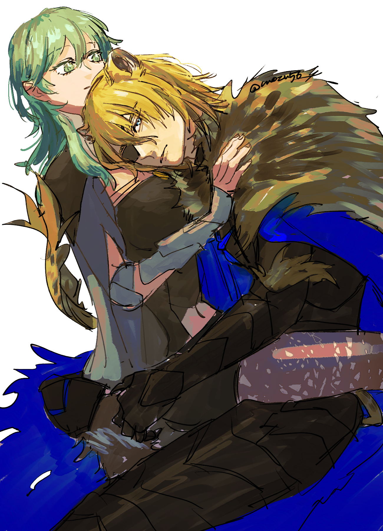 mozu56, dimitri alexandre blaiddyd, dimitri alexandre blaiddyd (timeskip), female byleth (enlightened) (fire emblem), female byleth (fire emblem), fire emblem, fire emblem: three houses, nintendo, highres, 1boy, 1girl, animal ears, armor, ass, black armor, blonde hair, blue cape, blue eyes, bodice, breasts, bustier, cape, closed mouth, clothing cutout, dimitri alexandre blaiddyd (blue lion), dimitri alexandre blaiddyd (shadows), eyepatch, fire emblem shadows, fur-trimmed cape, fur trim, green eyes, green hair, hair between eyes, lace pantyhose, lion boy, lion ears, lion tail, long hair, looking at viewer, medium breasts, medium hair, navel, navel cutout, pantyhose, pantyhose under shorts, patterned legwear, shorts, simple background, sitting, sitting on lap, sitting on person, tail, vambraces, white background
