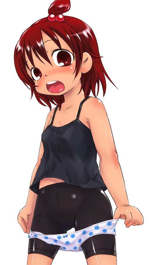 yuuge (hangoban), marui futaba, mitsudomoe (manga), 1girl, bike shorts, brown eyes, brown hair, female focus, loli, panties, panties over bike shorts, polka dot, polka dot panties, short hair, side ponytail, simple background, solo, spandex, underwear