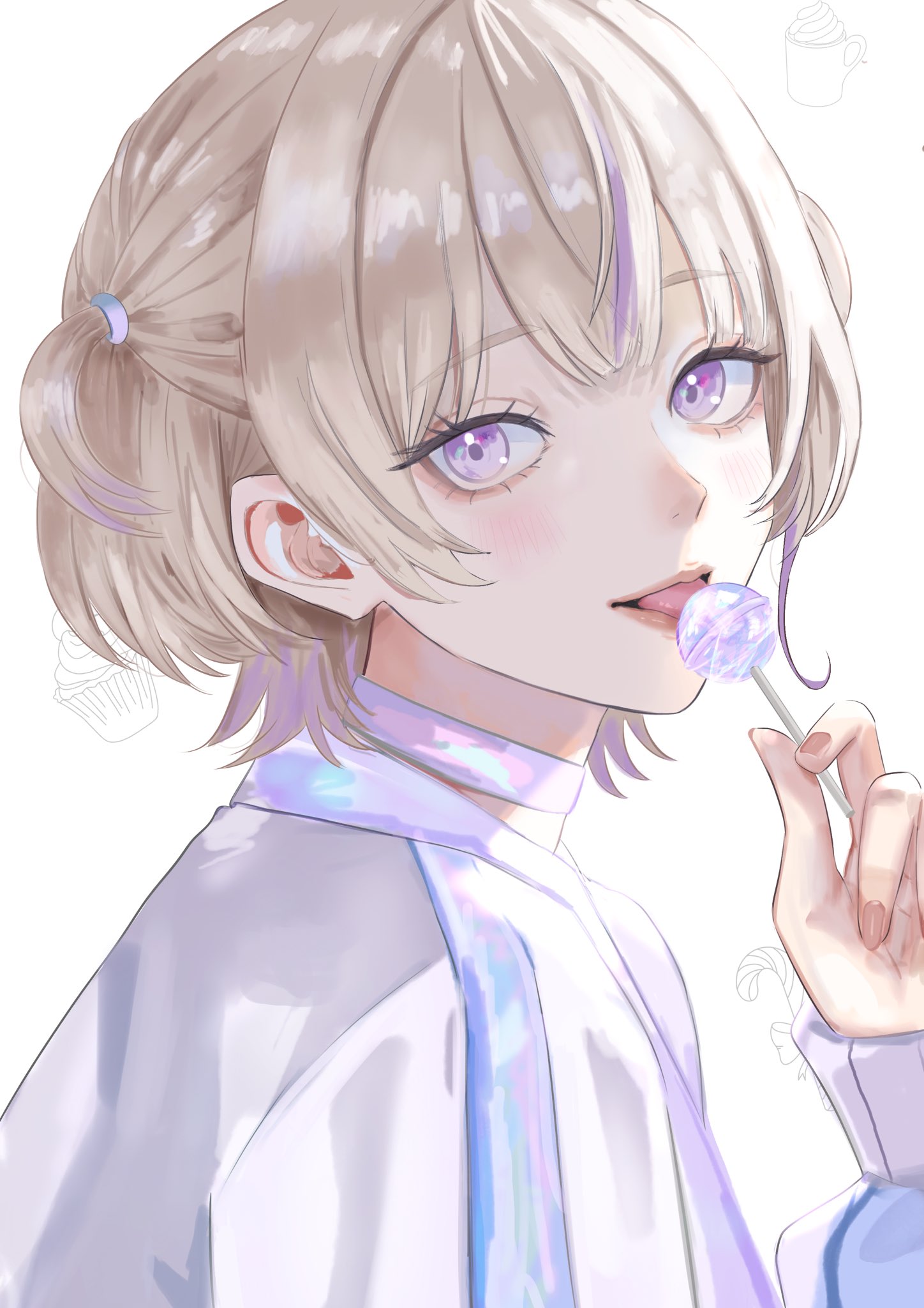 dhbwinner, todoroki hajime, hololive, hololive dev is, highres, 1girl, blonde hair, candy, eyelashes, food, holding, holding candy, holding food, holding lollipop, lollipop, multicolored hair, purple eyes, purple hair, short hair, simple background, solo, streaked hair, tongue, tongue out, two-tone hair, two side up, upper body, virtual youtuber, white background