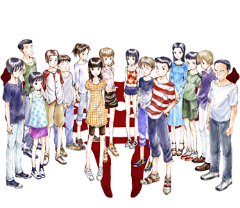 ano maki, honda chizuru, kako isao, kirie yousuke, kodaka masaru, komoda takami, machi youko, moji kunihiko, nakarai mako, tokosumi aiko, ushiro jun, ushiro kana, yamura daiichi, yoshikawa kanji, bokurano, lowres, 6+boys, 6+girls, black hair, blonde hair, multiple boys, multiple girls
