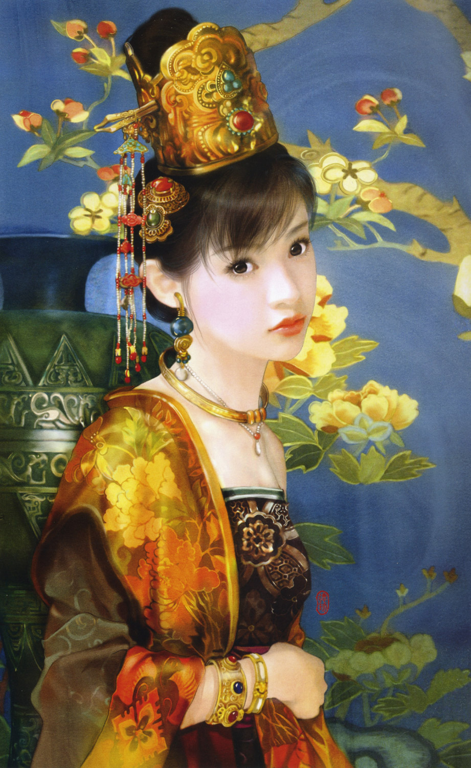 der jen, highres, 1girl, black hair, bracelet, chinese clothes, dress, earrings, female focus, flower, fringe trim, hair ornament, hat, jewelry, necklace, realistic, solo