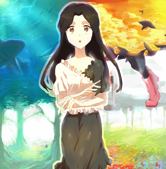 komoda takami, bokurano, 1girl, bird, black hair, boots, brown eyes, dress, flower, long hair, looking at viewer, seasons, shark, surprised, tree