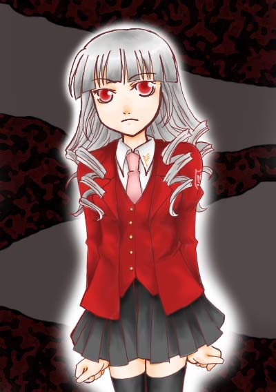 satan (umineko), umineko no naku koro ni, silver hair, 00s, 1girl, female focus, necktie, pink necktie, red eyes, solo, thighhighs