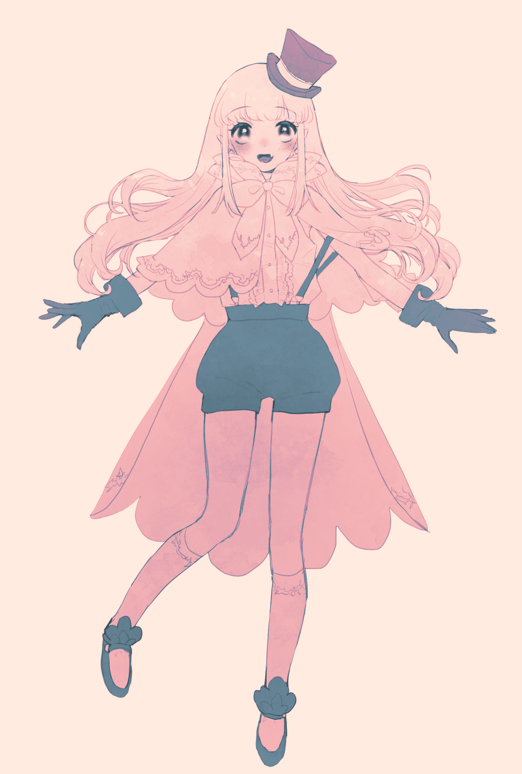 eurasia (wtp09ptw14), original, absurdres, commentary request, highres, 1girl, black eyes, black hat, blue gloves, blue shoes, blue shorts, cape, full body, gloves, hat, long hair, looking at viewer, mini hat, mini top hat, open mouth, pink cape, pink hair, pink shirt, pink socks, shirt, shoes, short shorts, shorts, simple background, sketch, smile, socks, solo, top hat, white background
