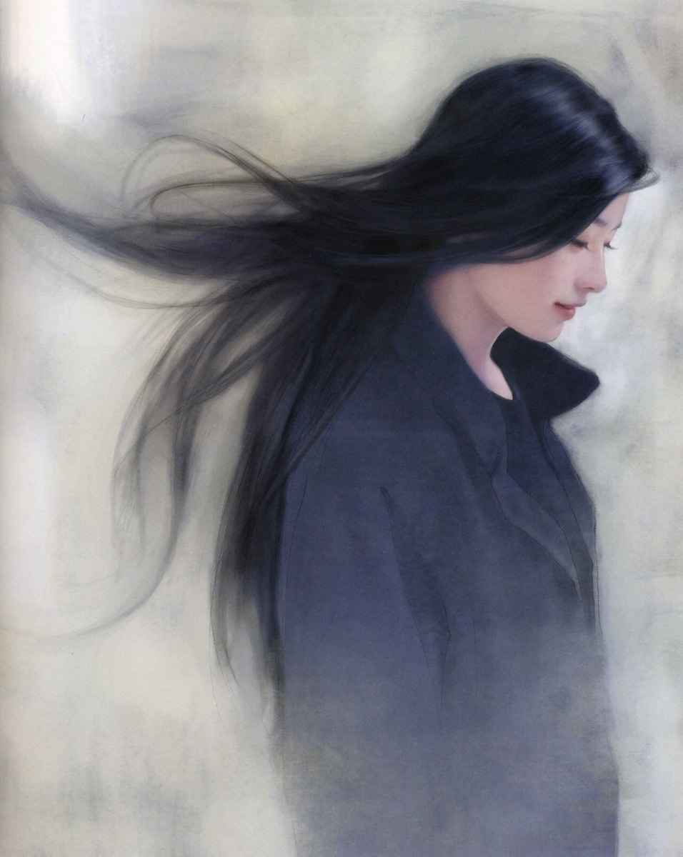 chen shu fen, highres, 1girl, black hair, closed eyes, coat, female focus, long hair, realistic, smile, solo, wind
