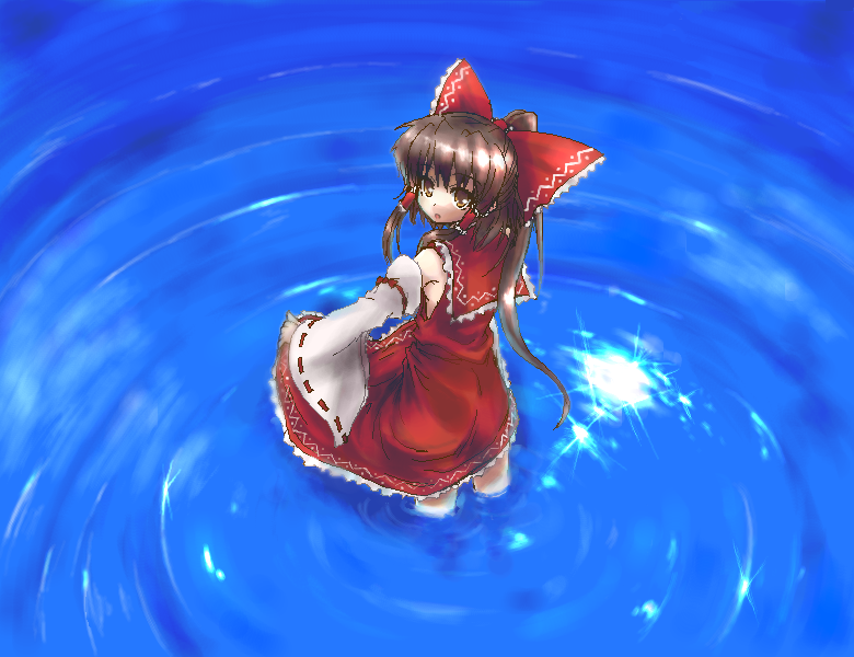 iseno yajin, hakurei reimu, touhou, 1girl, female focus, japanese clothes, long hair, miko, oekaki, ribbon, solo, wading, water