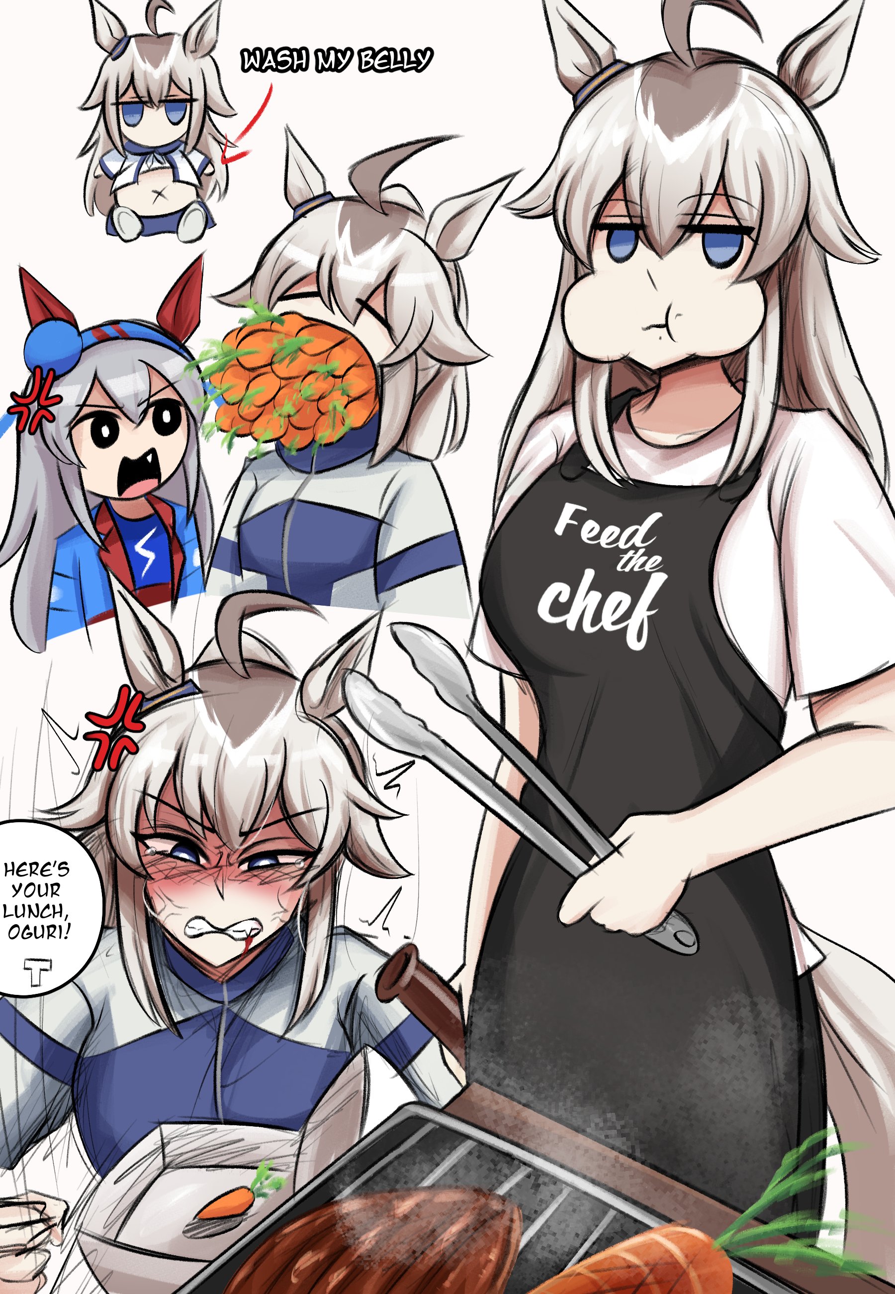 lad der, oguri cap (starlight beat) (umamusume), oguri cap (umamusume), tamamo cross (umamusume), tamamo cross (with lightning speed) (umamusume), umamusume, absurdres, highres, 2girls, ahoge, angry, animal ears, apron, beer bottle, belly, big belly, black apron, black pants, blood, blue eyes, blue hairband, blue jacket, blue sailor collar, blue skirt, bottle, carrot, cheek bulge, closed eyes, cooking, ear covers, ear ornament, eating, english text, fang, food, glutton, grey hair, grey tail, grill, grilling, hair between eyes, hair ornament, hairband, headband, holding, holding bottle, holding tongs, horse ears, horse girl, horse tail, jacket, kasamatsu tracen training uniform, lightning bolt symbol, long hair, long sleeves, lunchbox, multicolored hair, multicolored jacket, multiple girls, navel, neckerchief, open clothes, open jacket, open mouth, pants, purple jacket, red headband, sailor collar, sharp teeth, shirt, short sleeves, skirt, speech bubble, steak, stomach, striped clothes, striped hairband, surprised, tail, teeth, tongs, track jacket, track suit, two-tone jacket, very long hair, white jacket, white shirt