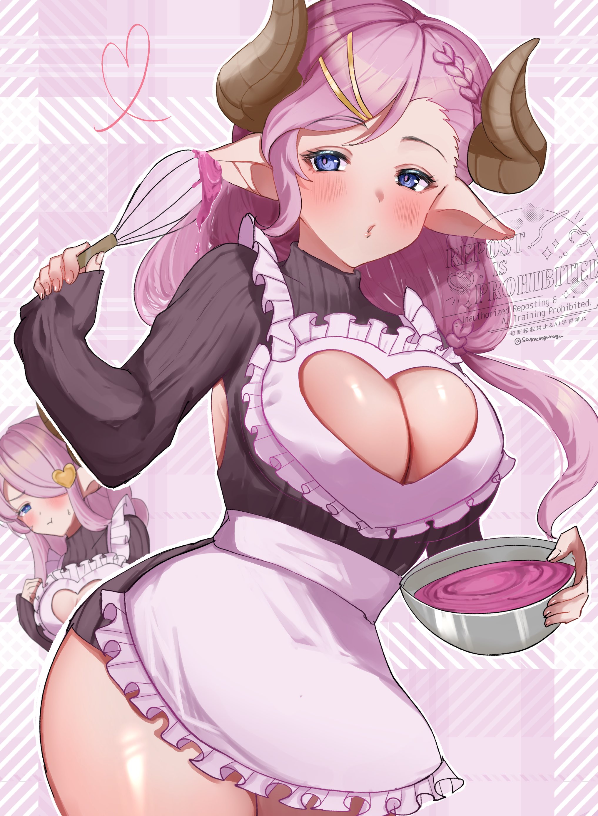 envy, samemogumogu, laruna (granblue fantasy), narmaya (granblue fantasy), narmaya (valentine) (granblue fantasy), granblue fantasy, absurdres, highres, apron, blue eyes, blush, bowl, braid, breasts, cleavage, cleavage cutout, clothing cutout, hair ornament, heart, heart cutout, heart hair ornament, holding, holding bowl, horns, huge breasts, icing, matching outfits, mother and daughter, official alternate costume, one eye covered, pointy ears, pout, purple hair, sweater, whisk, white apron